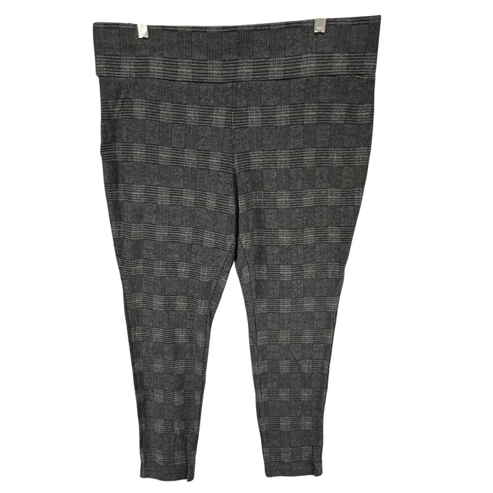 Tahari Pants Womens XL Gray Windowpane Plaid Stretch Knit Pull On Ankle Preppy